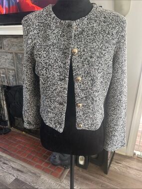 H&M Black and White Tweed Cropped Blazer with Gold Buttons